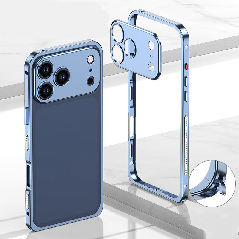 iPhone-Hülle mit blankem Metallrahmen, Wärmeableitungsfunktion und Seepferdchen-Schnalle