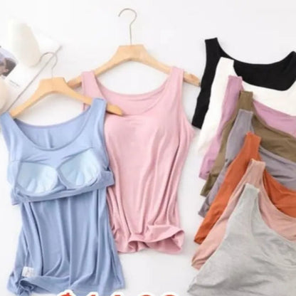 Damesinglet med innebygd BH, ermeløs, avslappet, enkel, rund hals, vanlig