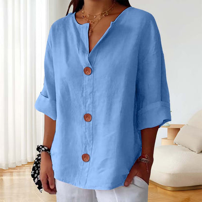 🎀Løs skjorte i bomull og lin med knappelukking