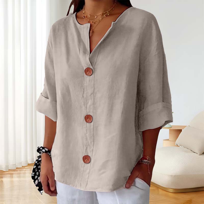 🎀Løs skjorte i bomull og lin med knappelukking