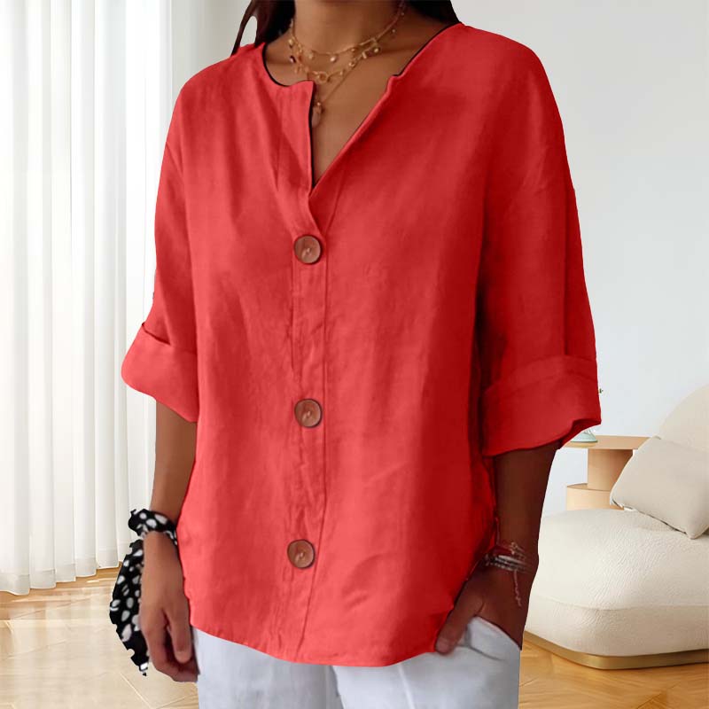 🎀Løs skjorte i bomull og lin med knappelukking