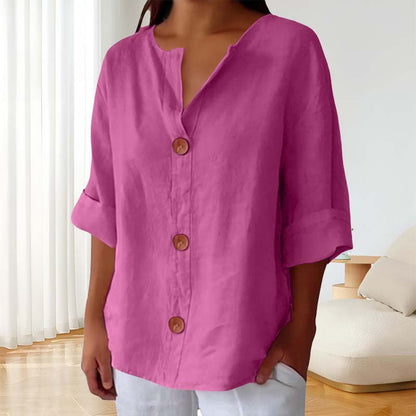 🎀Løs skjorte i bomull og lin med knappelukking