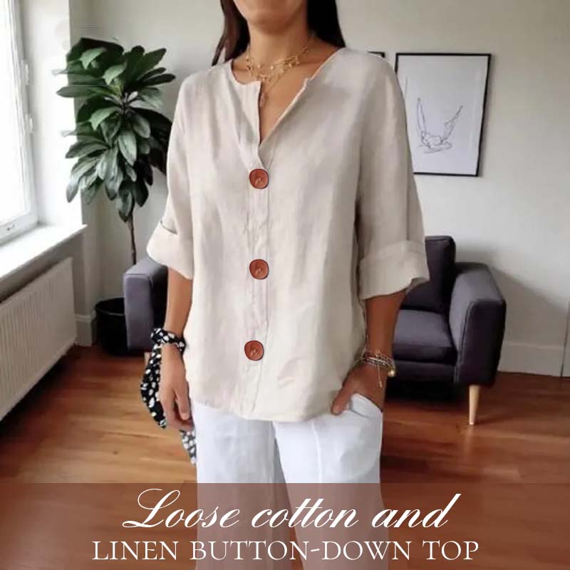 🎀Løs skjorte i bomull og lin med knappelukking