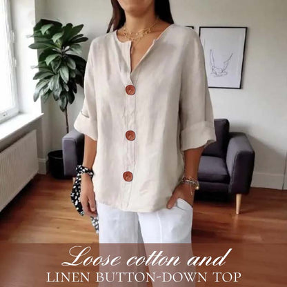 🎀Løs skjorte i bomull og lin med knappelukking