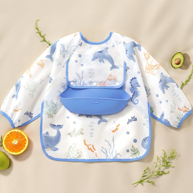 👶Baby langermet smekke med silikonlomme🍽️