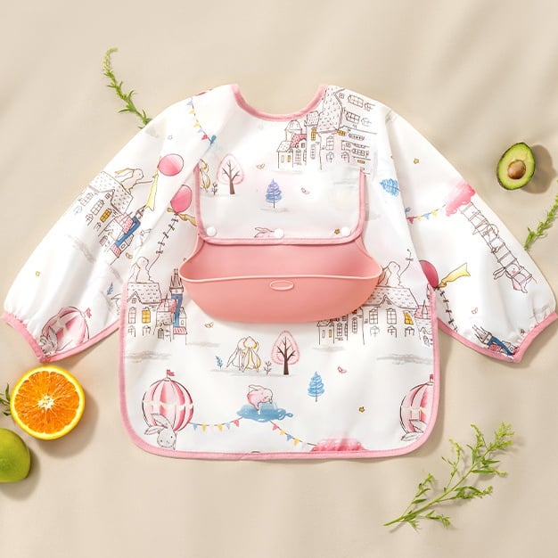 👶Baby langermet smekke med silikonlomme🍽️