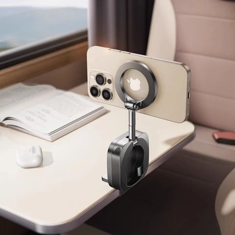 Sammenleggbart, uttrekkbart, roterende, magnetisk telefonstativ for reiser