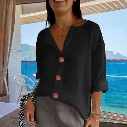 🎀Løs skjorte i bomull og lin med knappelukking