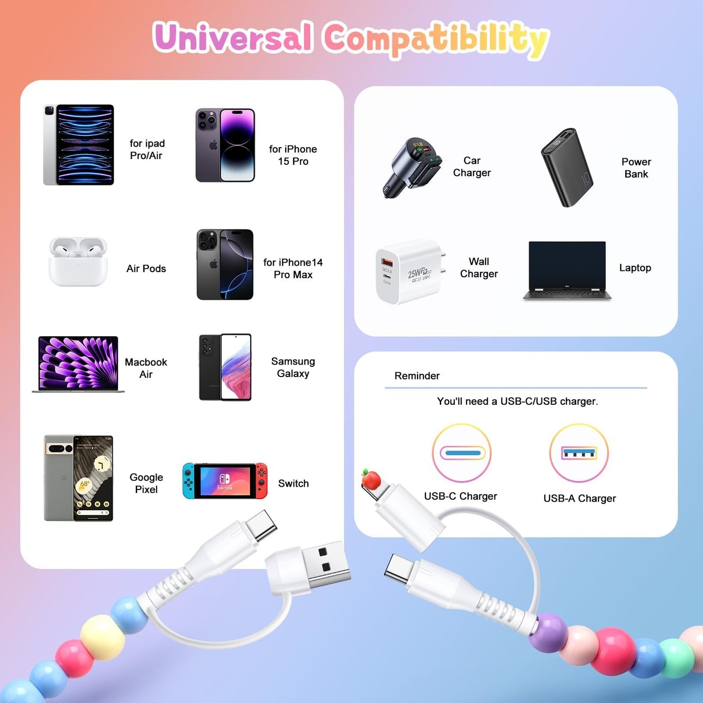 🎁KJØP 1, FÅ 1 GRATIS🔥4-i-1 perlebesatt ladekabel og hurtigladekabel 66W