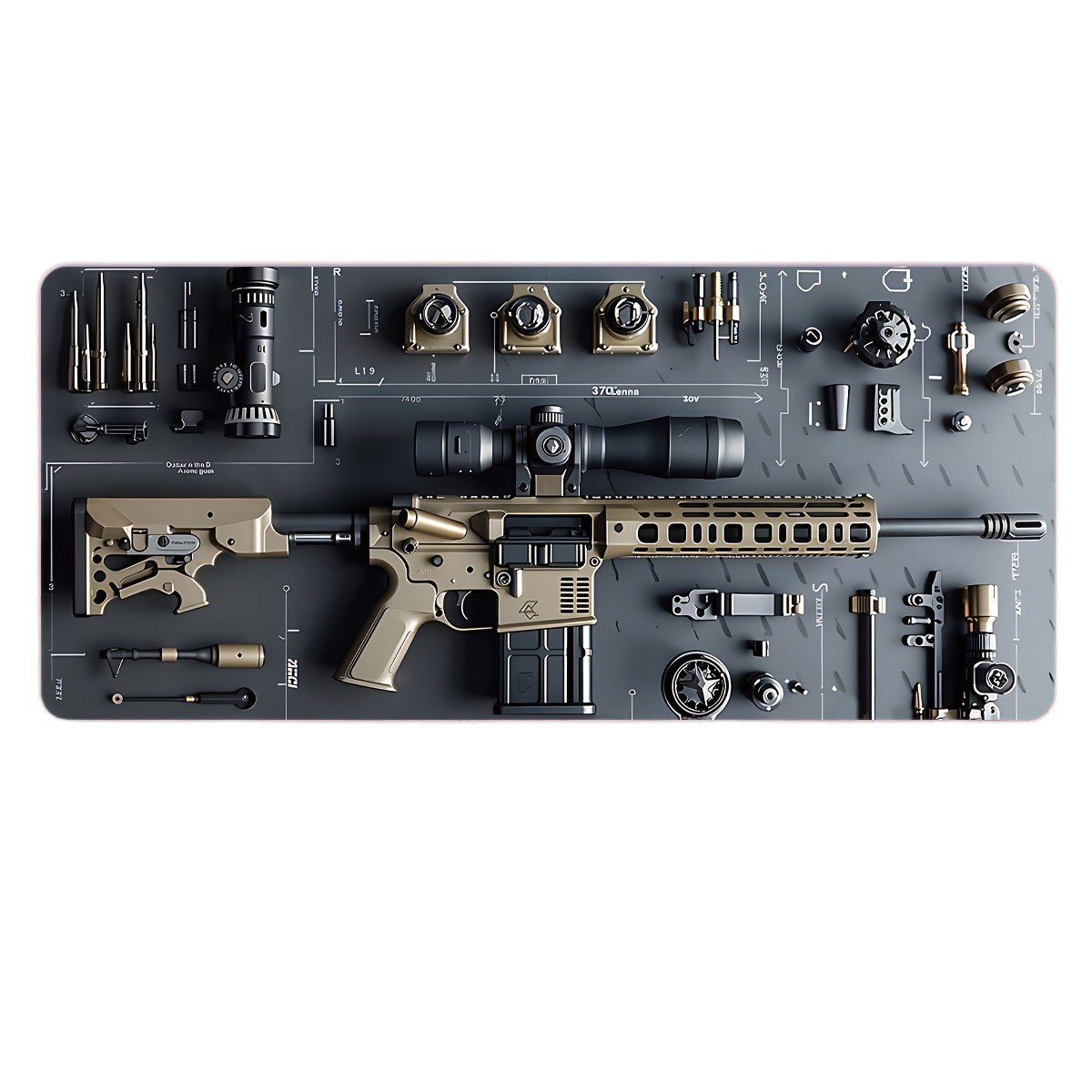 Kule militære våpendeler, stor musematte for spilling, stilig skrivebordsbeskytter med sklisikker gummi, flere størrelser for bærbar PC og stasjonær datamaskin