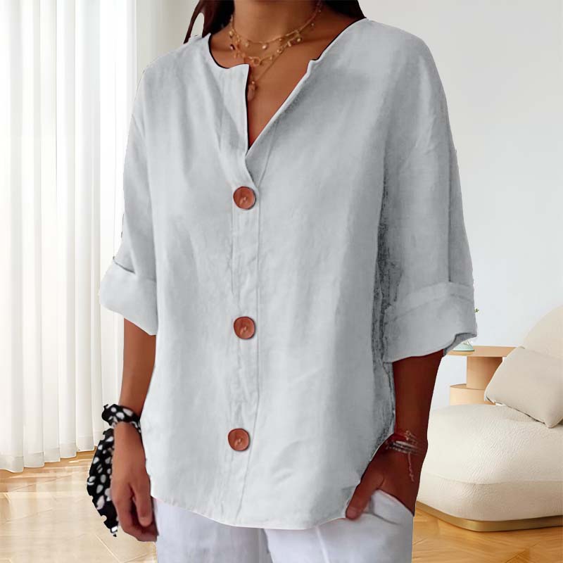 🎀Løs skjorte i bomull og lin med knappelukking