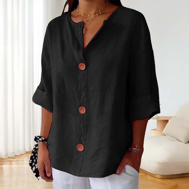 🎀Løs skjorte i bomull og lin med knappelukking