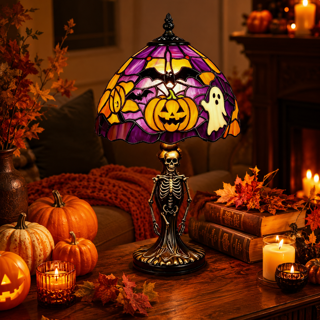 ?Spooky Glow Tiffany Lamp Pumpkin Ghost Bat Halloween Desk Light