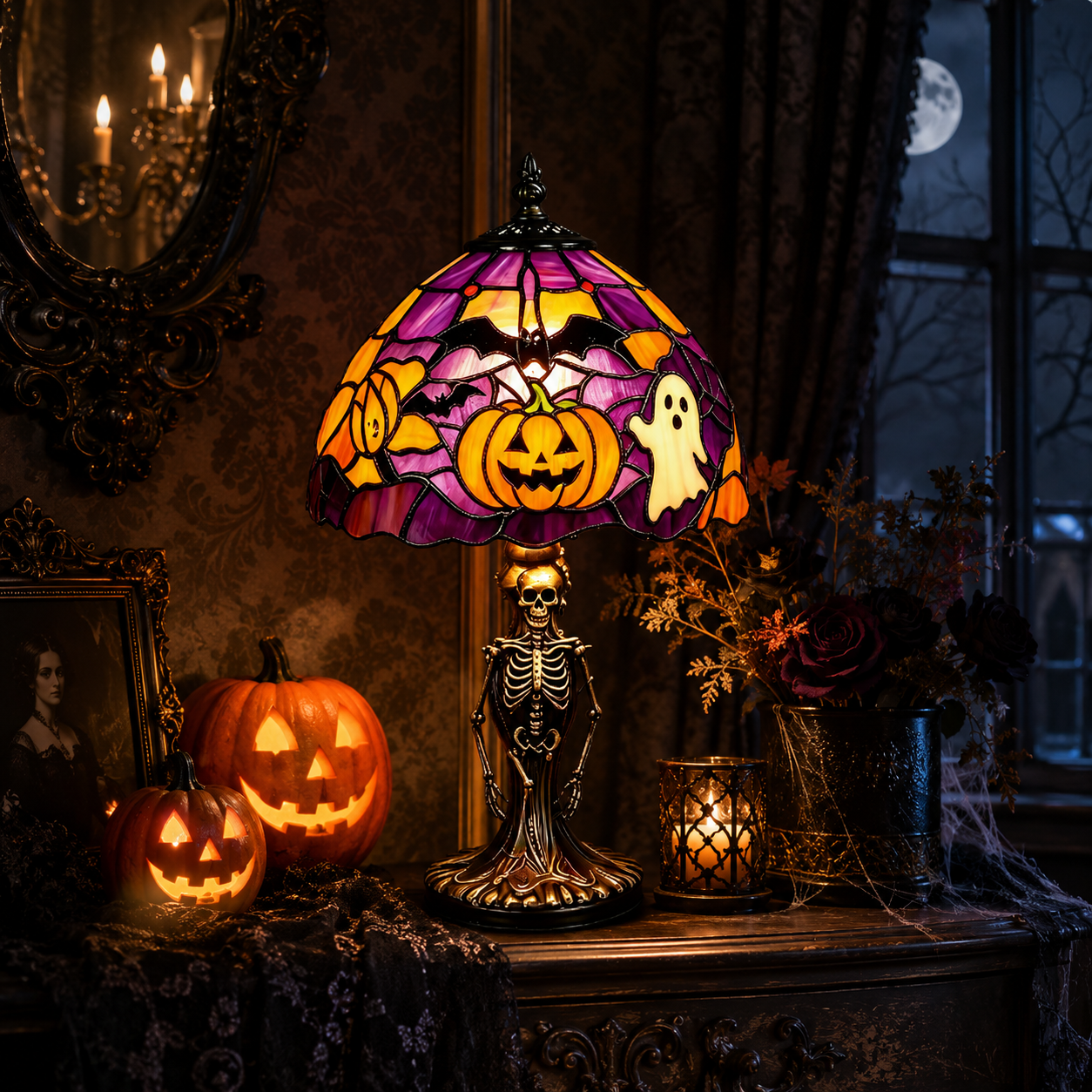 ?Spooky Glow Tiffany Lamp Pumpkin Ghost Bat Halloween Desk Light