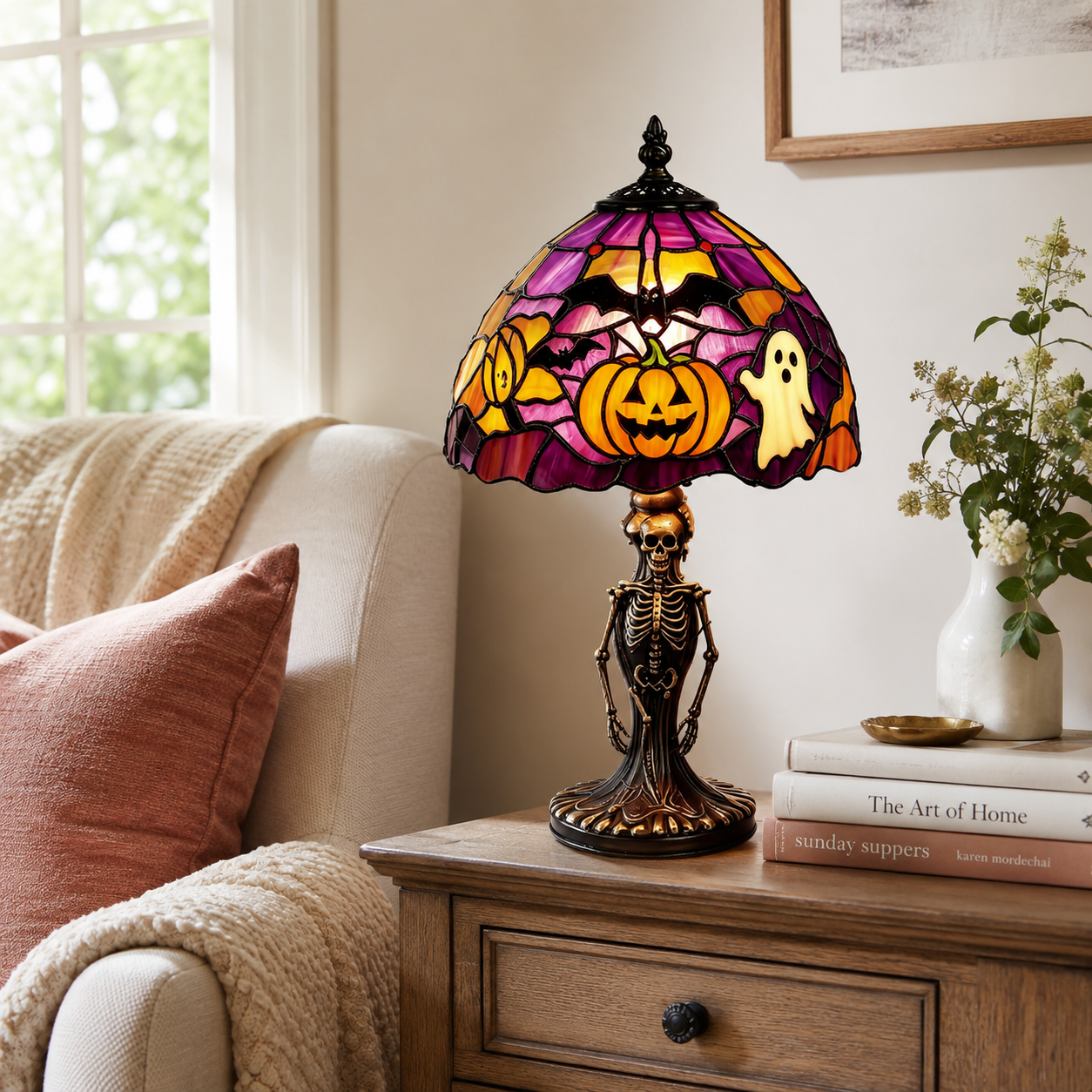 ?Spooky Glow Tiffany Lamp Pumpkin Ghost Bat Halloween Desk Light