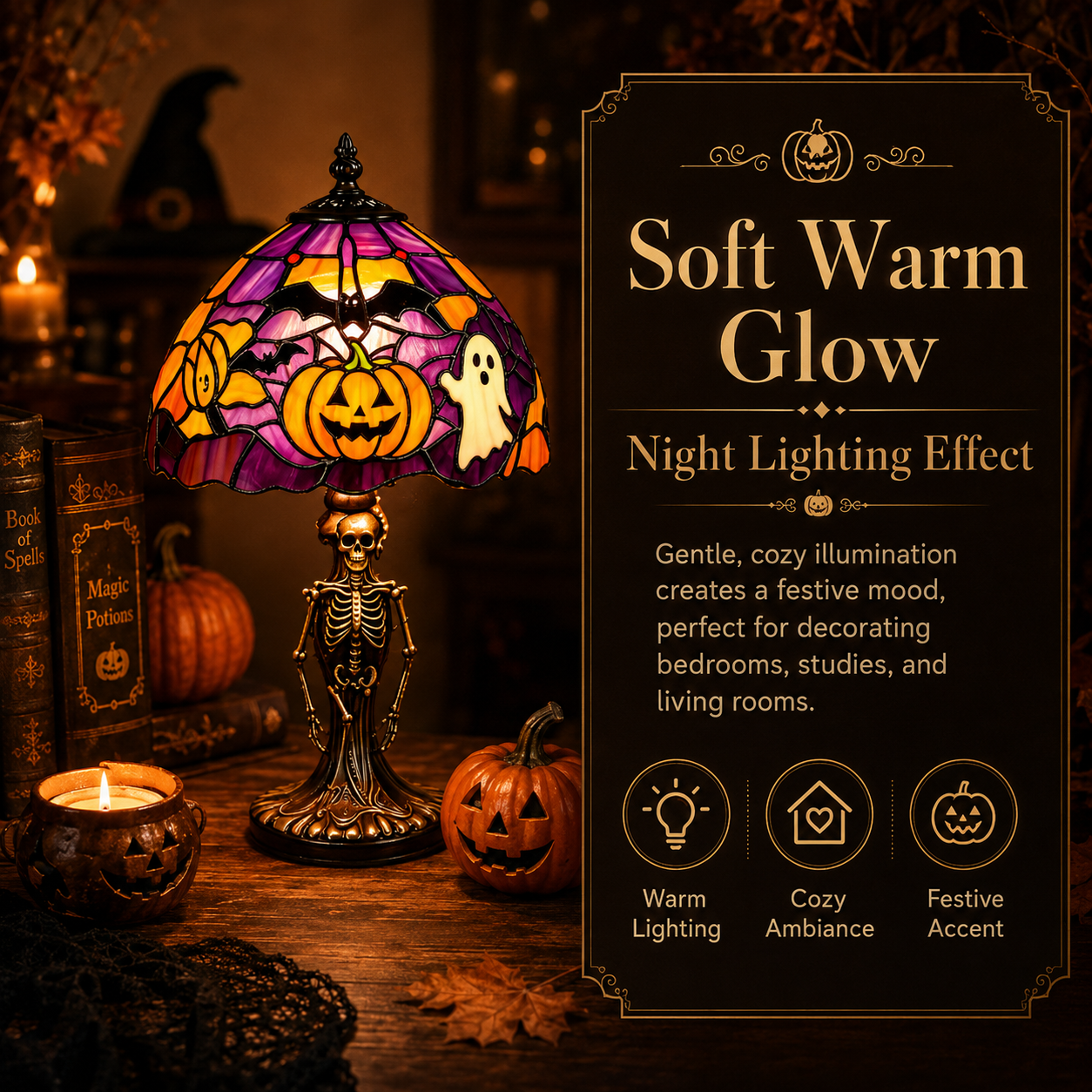 ?Spooky Glow Tiffany Lamp Pumpkin Ghost Bat Halloween Desk Light