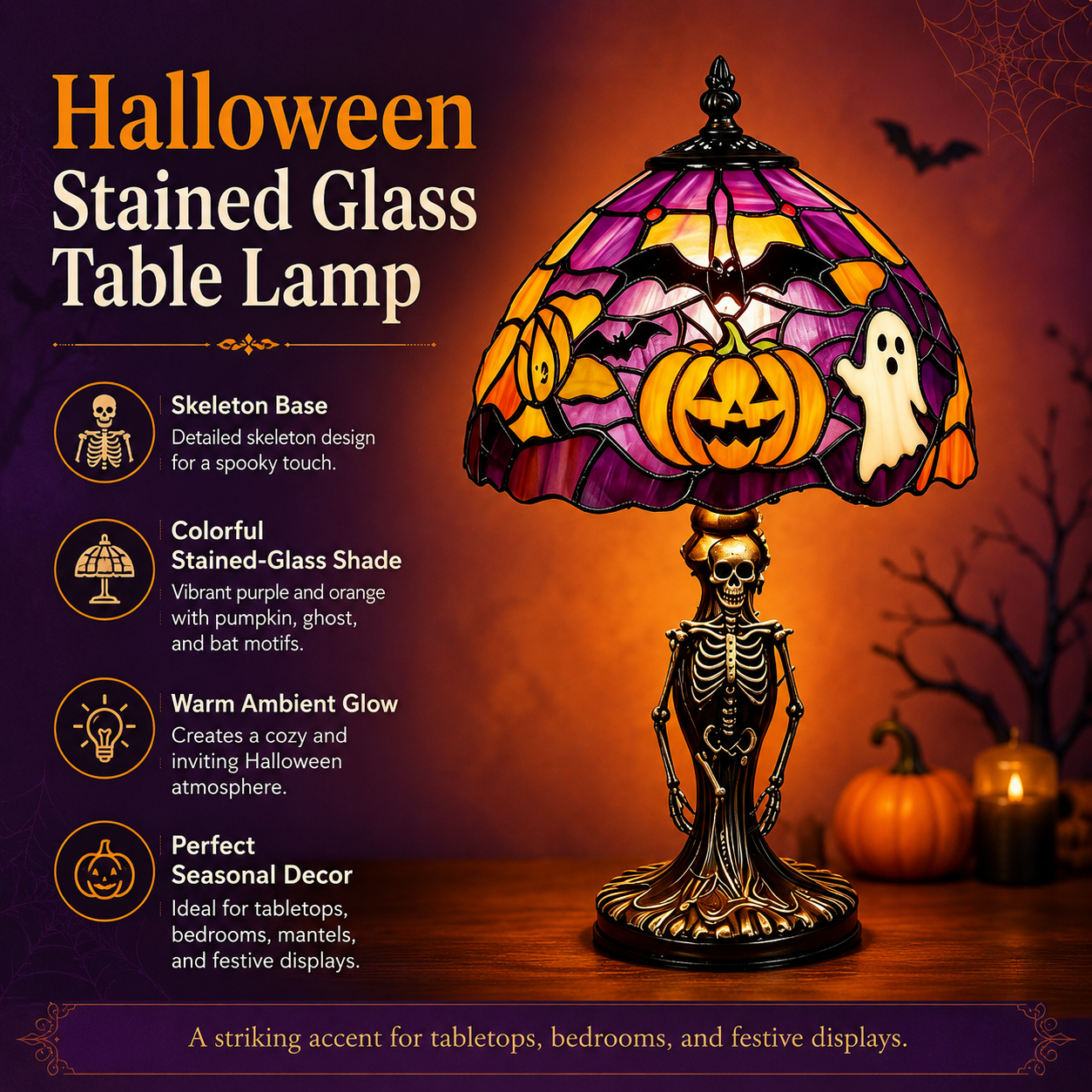 ?Spooky Glow Tiffany Lamp Pumpkin Ghost Bat Halloween Desk Light