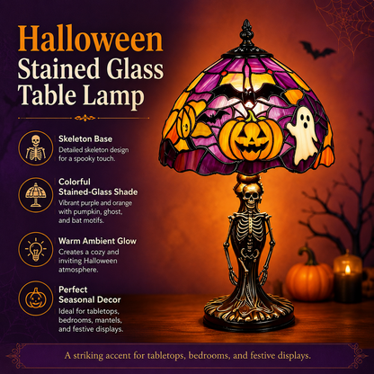 ?Spooky Glow Tiffany Lamp Pumpkin Ghost Bat Halloween Desk Light