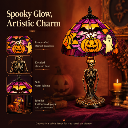 ?Spooky Glow Tiffany Lamp Pumpkin Ghost Bat Halloween Desk Light