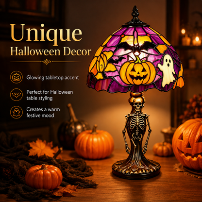 ?Spooky Glow Tiffany Lamp Pumpkin Ghost Bat Halloween Desk Light