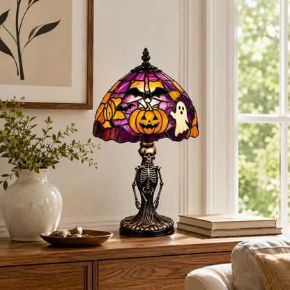 ?Spooky Glow Tiffany Lamp Pumpkin Ghost Bat Halloween Desk Light