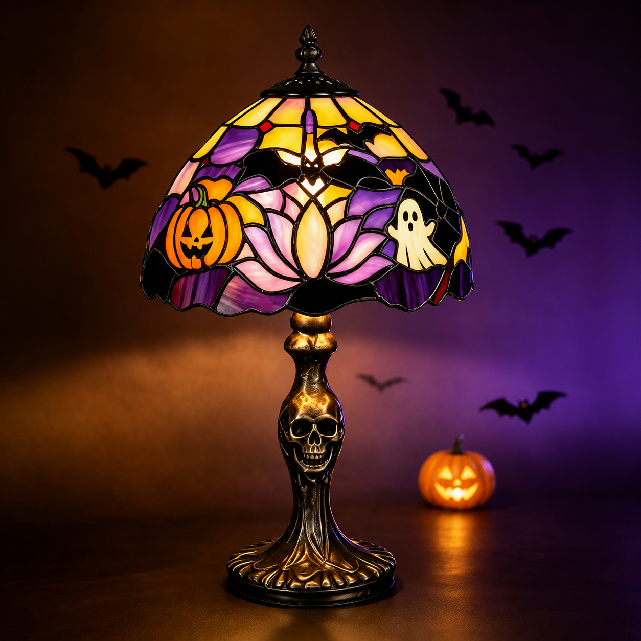 ?Spooky Glow Tiffany Lamp Pumpkin Ghost Bat Halloween Desk Light
