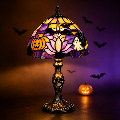 ?Spooky Glow Tiffany Lamp Pumpkin Ghost Bat Halloween Desk Light