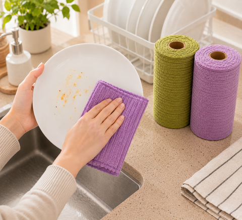 Absorbierendes und fusselfreies Haushaltstuch: nimmt Ölflecken schnell auf.