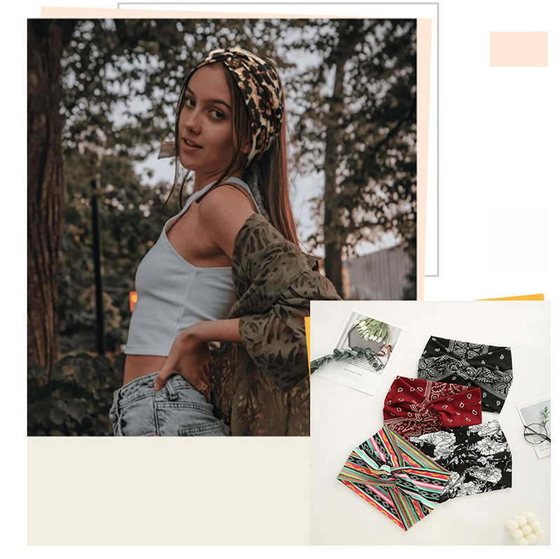 Hårbånd i bohemsk stil med paisley-trykk, bredt elastisk hårbånd