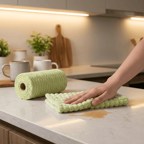 Absorbierendes und fusselfreies Haushaltstuch: nimmt Ölflecken schnell auf.