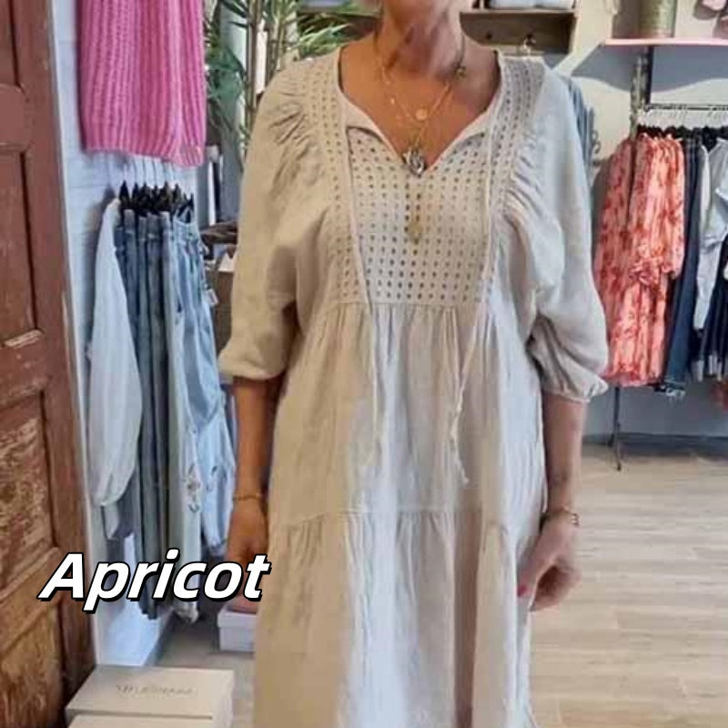 Flerlags ensfarget lang kjole med V-hals og halve ermer for kvinner