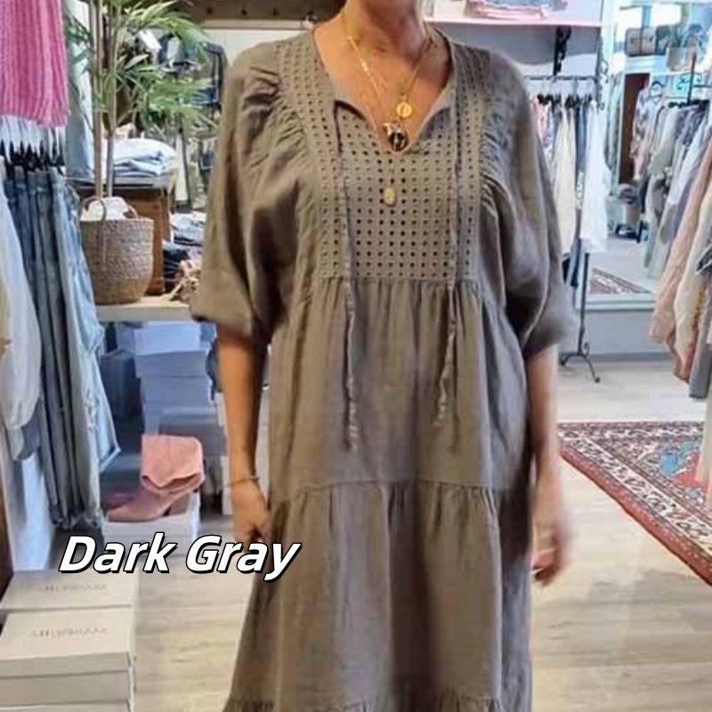 Flerlags ensfarget lang kjole med V-hals og halve ermer for kvinner