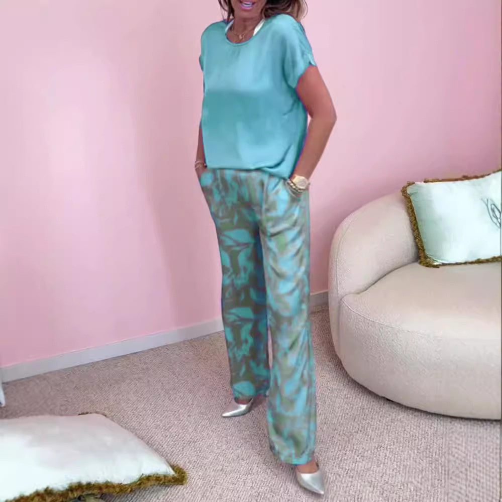 Rund hals med korte ermer, trykk, korte ermer, lange bukser, todelt dress