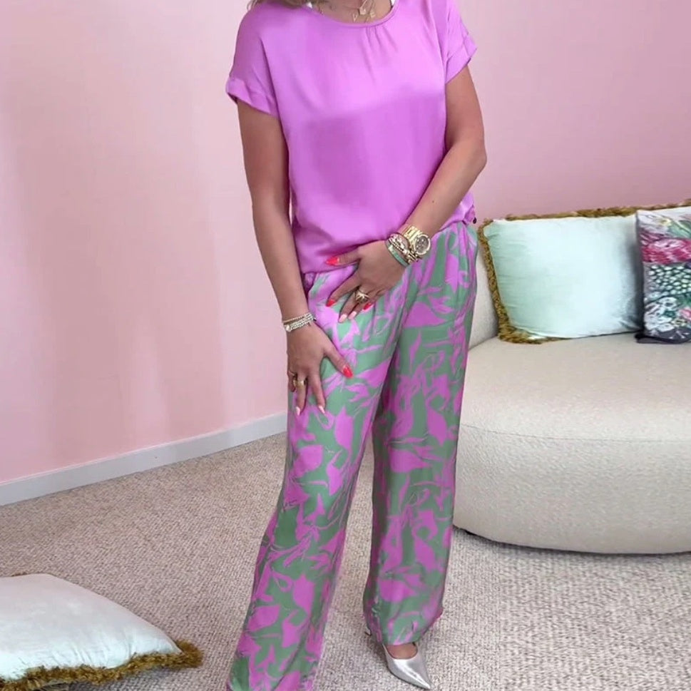 Rund hals med korte ermer, trykk, korte ermer, lange bukser, todelt dress