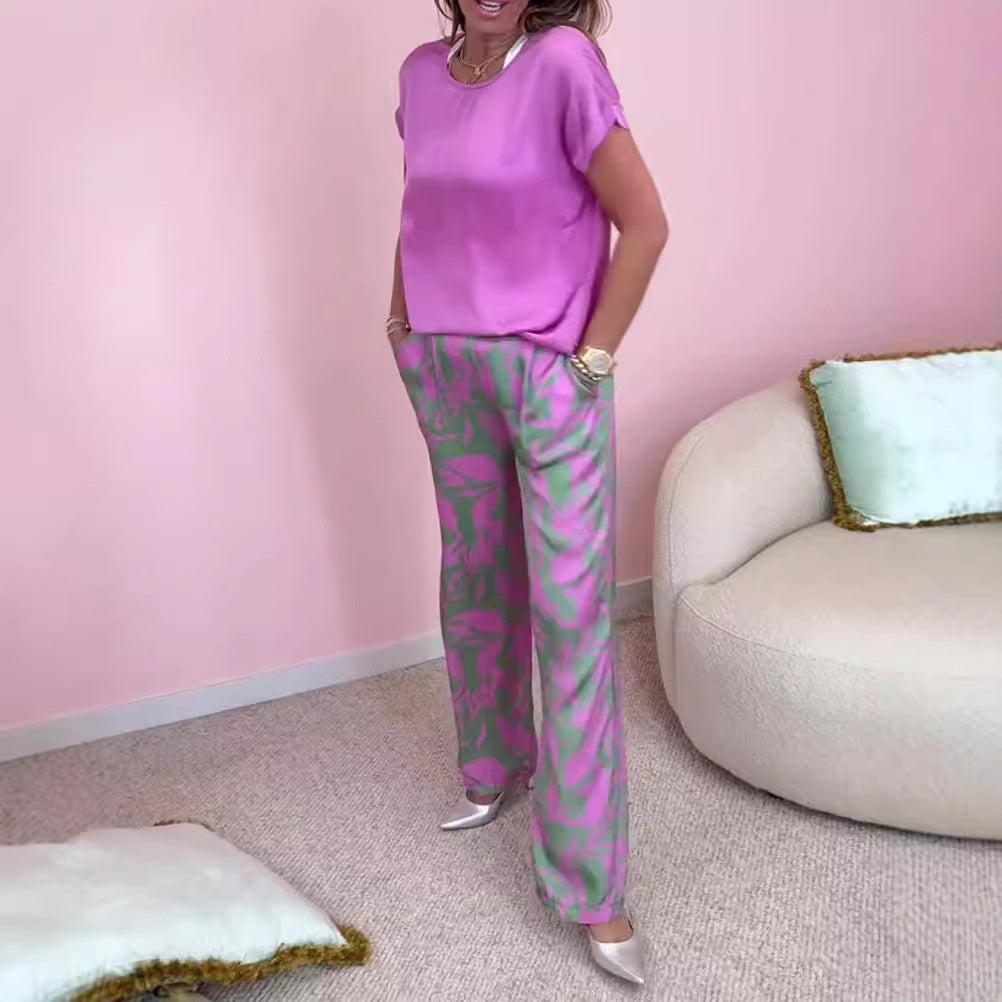 Rund hals med korte ermer, trykk, korte ermer, lange bukser, todelt dress