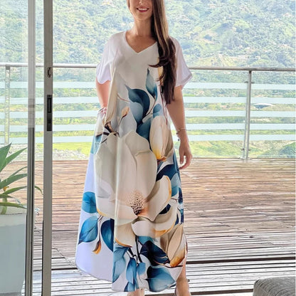 👗 Løse, avslappede damekjoler med V-hals og mønstrede korte ermer