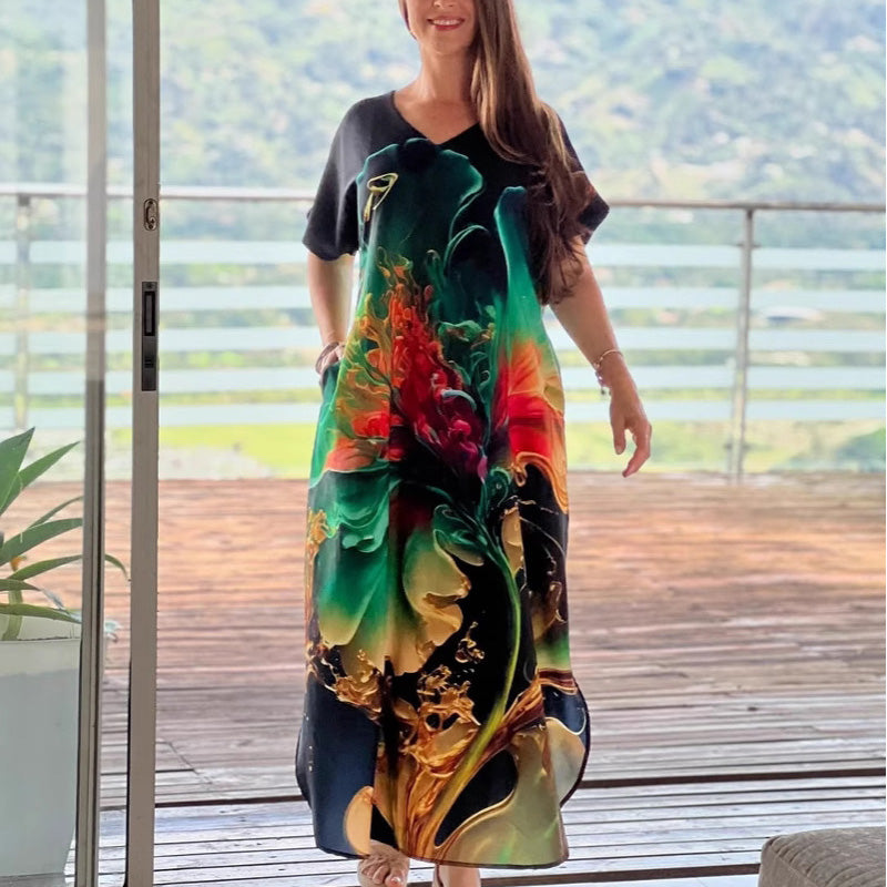 👗 Løse, avslappede damekjoler med V-hals og mønstrede korte ermer