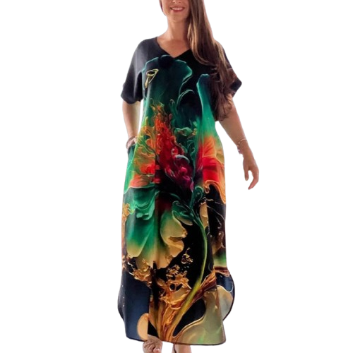 👗 Løse, avslappede damekjoler med V-hals og mønstrede korte ermer