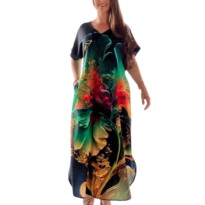 👗 Løse, avslappede damekjoler med V-hals og mønstrede korte ermer