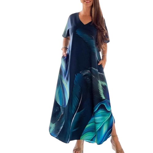 👗 Løse, avslappede damekjoler med V-hals og mønstrede korte ermer