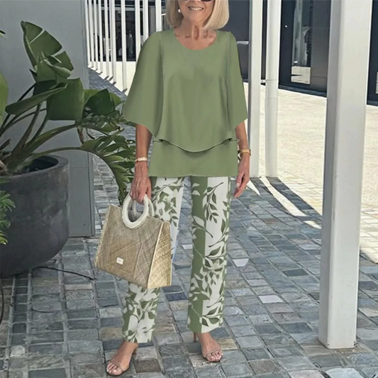 Damesett: mønstrede bukser og topp med rund hals