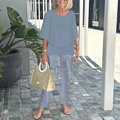 Damesett: mønstrede bukser og topp med rund hals