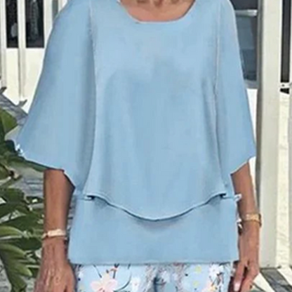 Damesett: mønstrede bukser og topp med rund hals