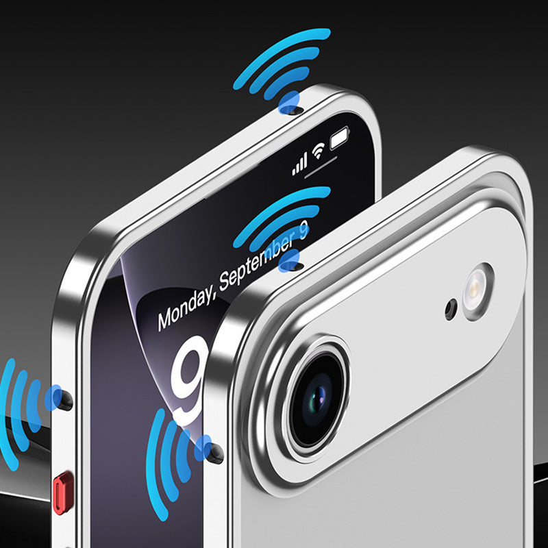 iPhone-Hülle mit blankem Metallrahmen, Wärmeableitungsfunktion und Seepferdchen-Schnalle
