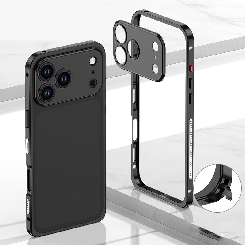 iPhone-Hülle mit blankem Metallrahmen, Wärmeableitungsfunktion und Seepferdchen-Schnalle
