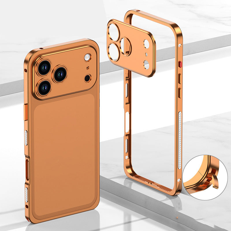iPhone-Hülle mit blankem Metallrahmen, Wärmeableitungsfunktion und Seepferdchen-Schnalle