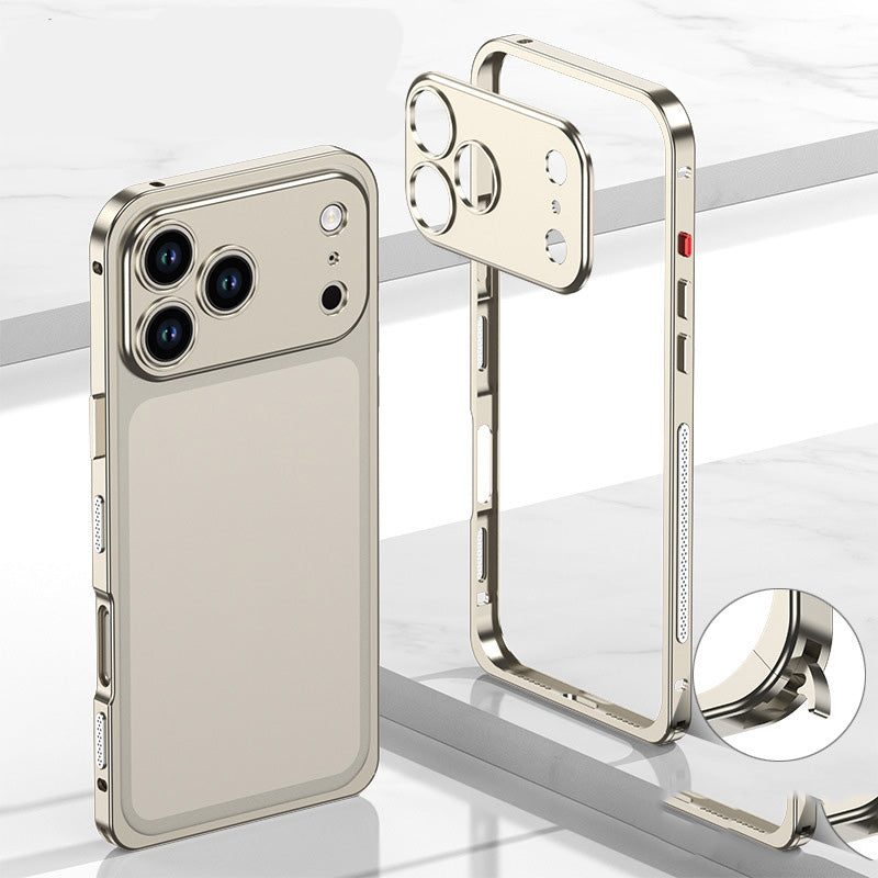 iPhone-Hülle mit blankem Metallrahmen, Wärmeableitungsfunktion und Seepferdchen-Schnalle