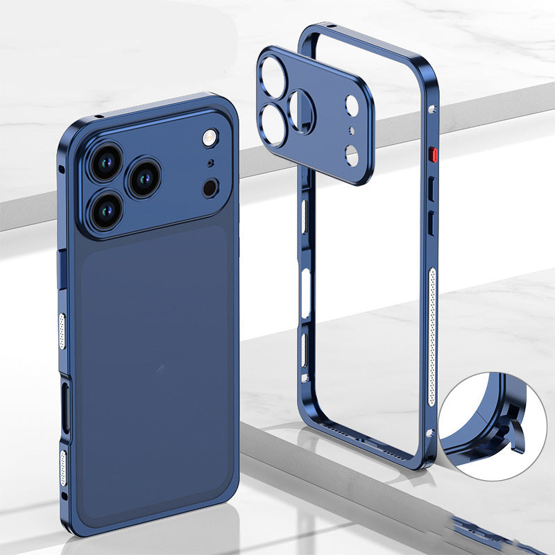 iPhone-Hülle mit blankem Metallrahmen, Wärmeableitungsfunktion und Seepferdchen-Schnalle
