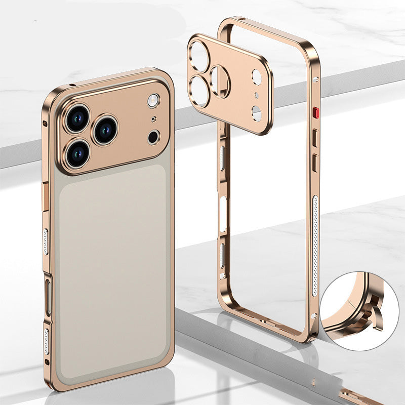 iPhone-Hülle mit blankem Metallrahmen, Wärmeableitungsfunktion und Seepferdchen-Schnalle