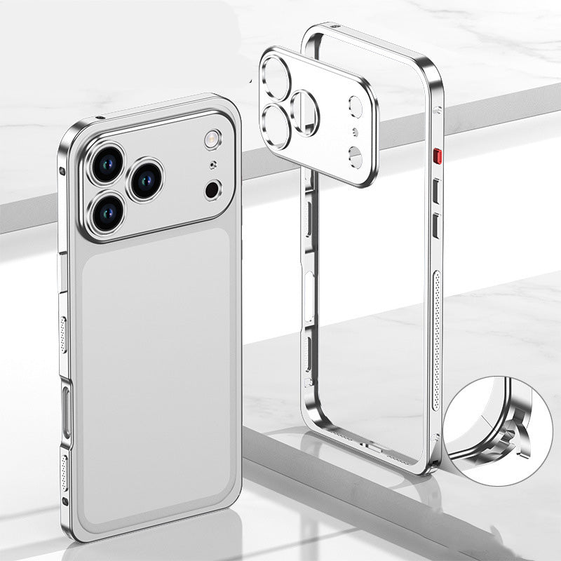 iPhone-Hülle mit blankem Metallrahmen, Wärmeableitungsfunktion und Seepferdchen-Schnalle